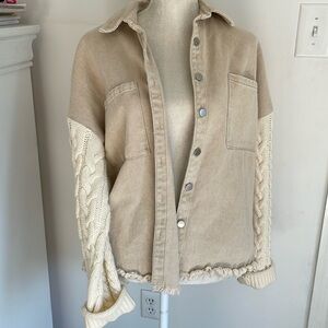 Khaki denim jacket with cable knit sweater sleeves